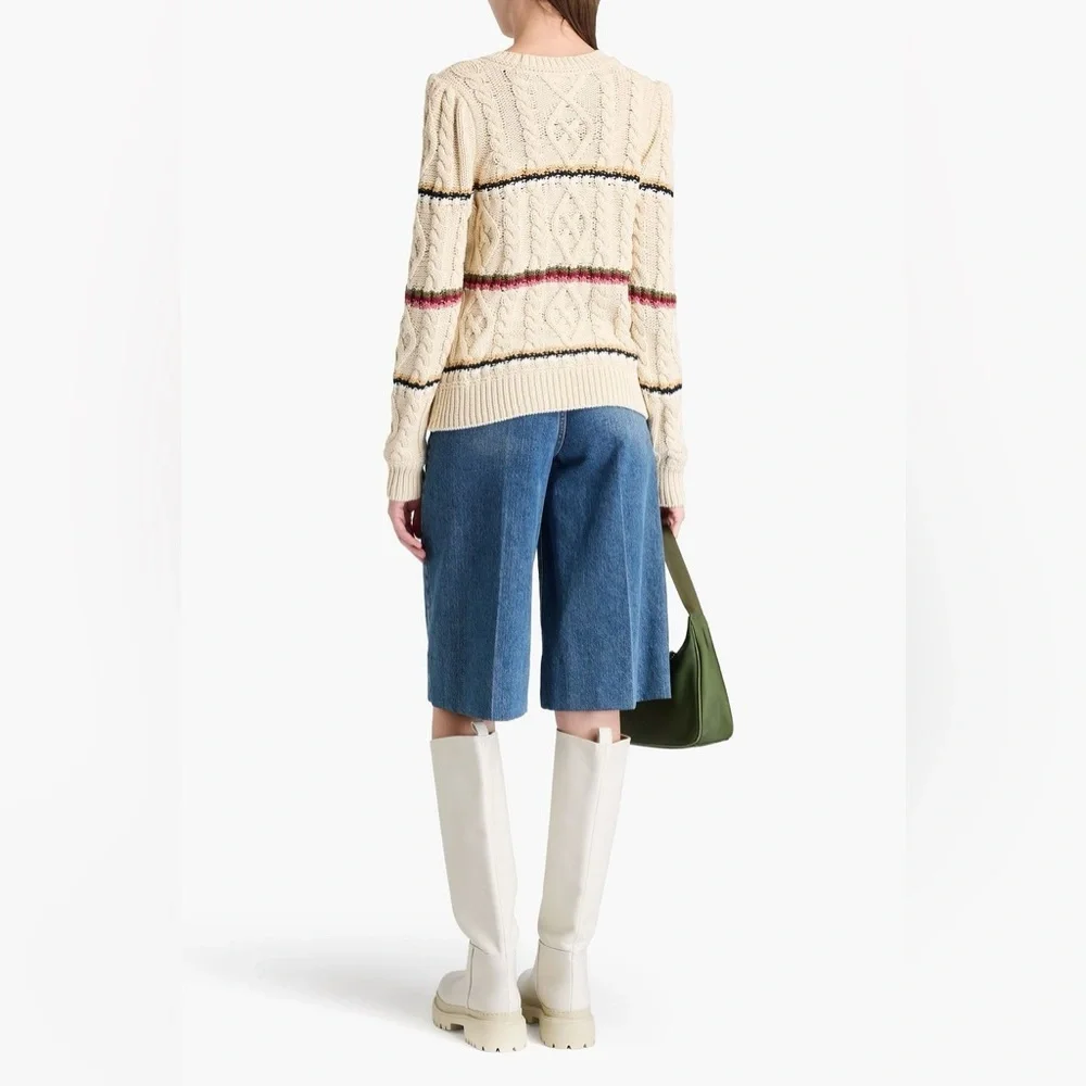 VERONICA BEARD Bruna striped cable-knit cotton-blend sweater in Ecru size medium